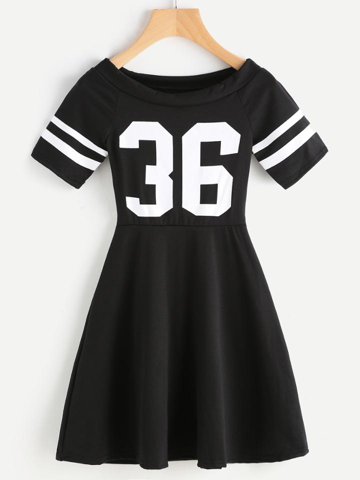 Romwe Digital Print Striped Sleeve Flare Dress