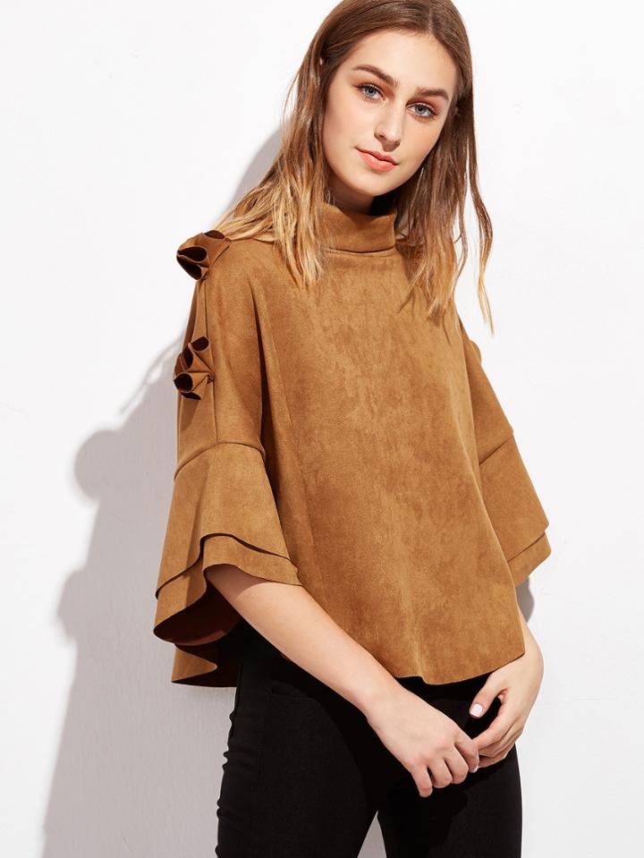 Romwe Turtleneck Appliques Suede Poncho Coat