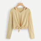 Romwe Plus Knot Hem Striped Tee