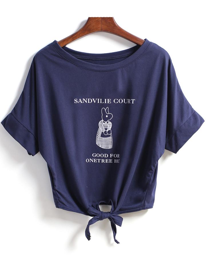 Romwe Rabbit Print Knotted Blue T-shirt