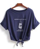Romwe Rabbit Print Knotted Blue T-shirt