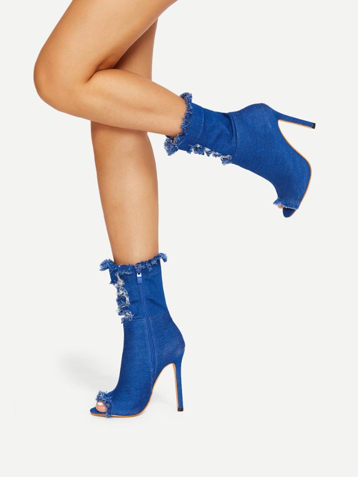 Romwe Distressed Design Open Toe Denim Boots