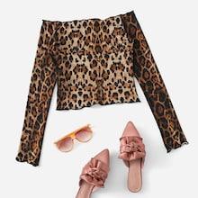 Romwe Leopard Ribbed Lettuce Trim Tee