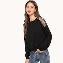 Romwe Embroidered Mesh Shoulder Sweatshirt