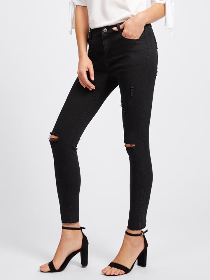 Romwe Knee Rips Raw Hem Skinny Ankle Jeans