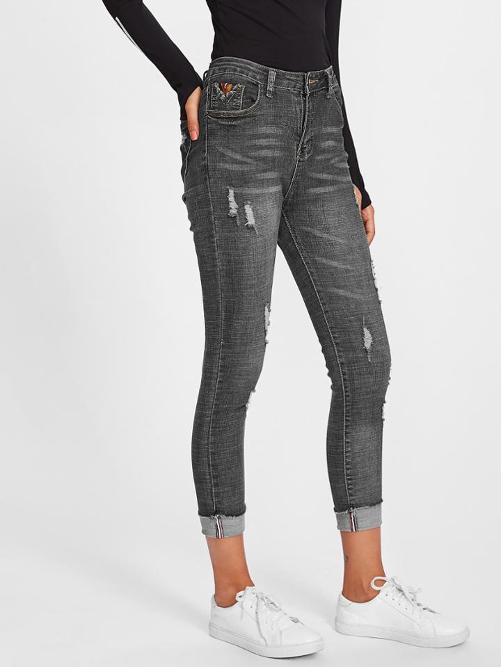 Romwe Roll Hem Ripped Jeans