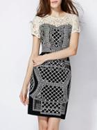 Romwe Black Round Neck Short Sleeve Embroidered Lace Dress