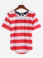 Romwe Polka Dot Ribbon Tied Red White Striped T-shirt