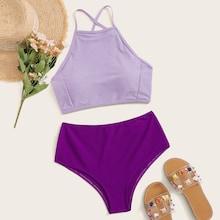 Romwe Criss-cross Tie Back Top With High Waist Bikini Set