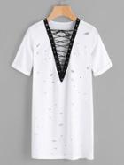 Romwe Ripped Eyelet Lace Up Front Long Tee