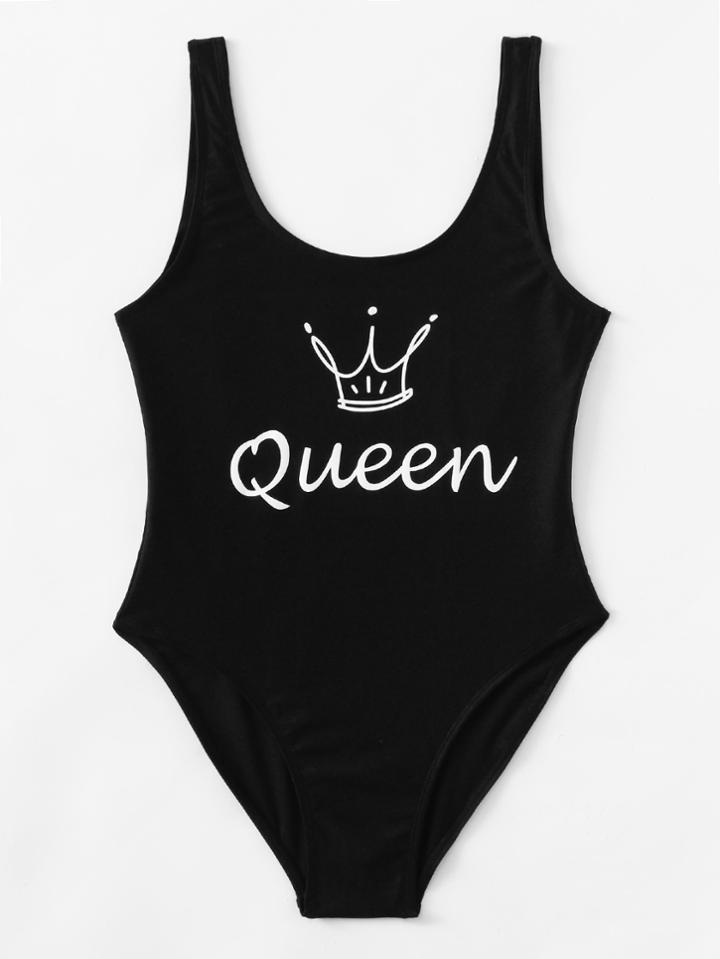Romwe Crown Print Low Back Swimsuit