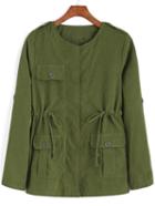 Romwe Round Neck Drawstring Pockets Army Green Coat