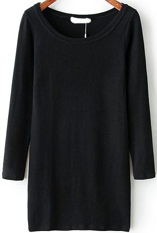 Romwe Round Neck Long Sleeve Shift Black Dress