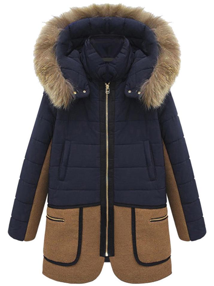 Romwe Hooded Faux Fur Zipper Pockets Royal Blue Coat