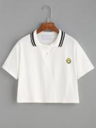 Romwe White Striped Collar Emoji Embroidered Polo Shirt