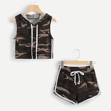 Romwe Camo Hoodie Drawstring Top With Shorts