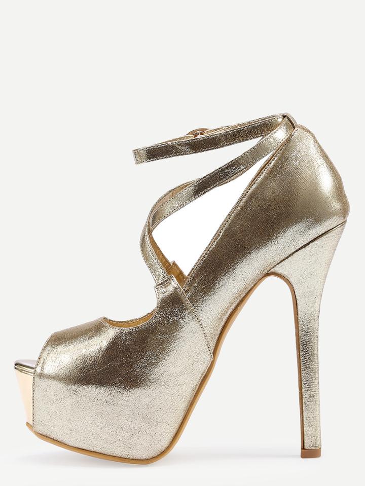 Romwe Crisscross Peep Toe Platform High Heels - Gold