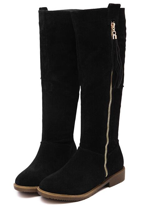 Romwe Black Round Toe Zipper Tassel Boots