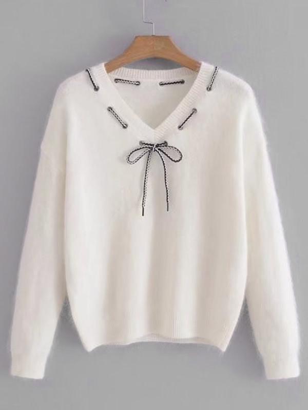 Romwe Tied Front Fuzzy Sweater
