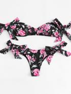 Romwe Flower Print Bow Tie Bikini Set
