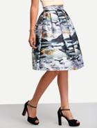 Romwe Multicolor High Waist Print Flare Skirt