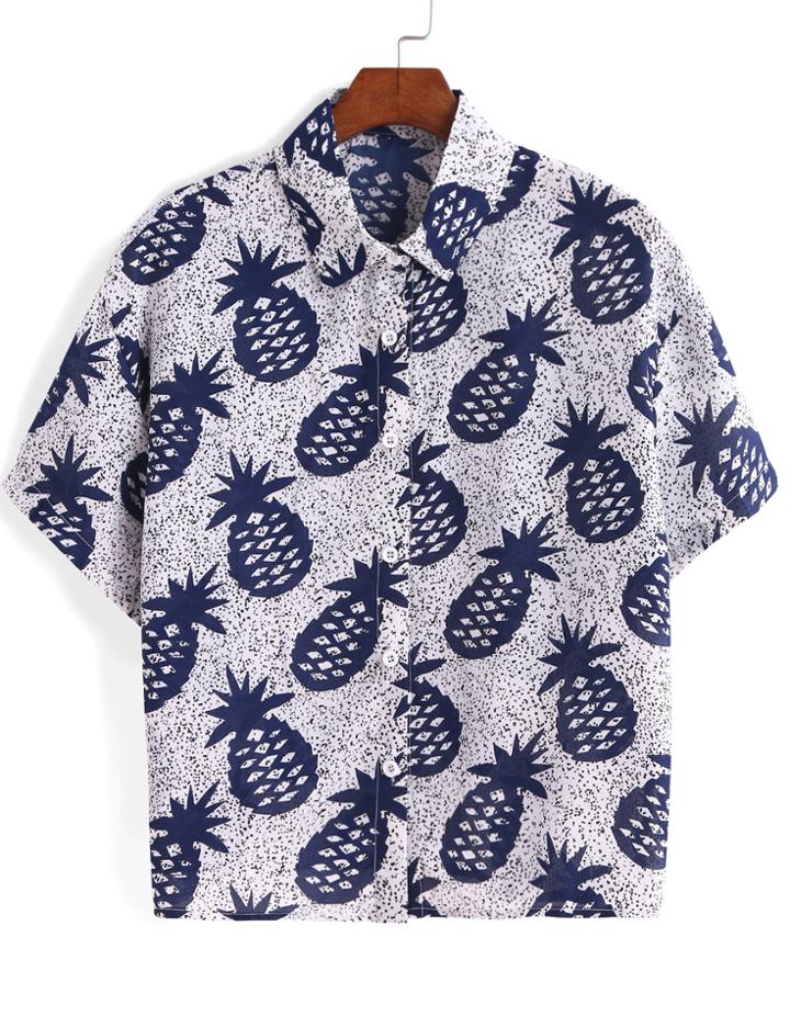 Romwe Lapel Pineapple Print Blue Blouse