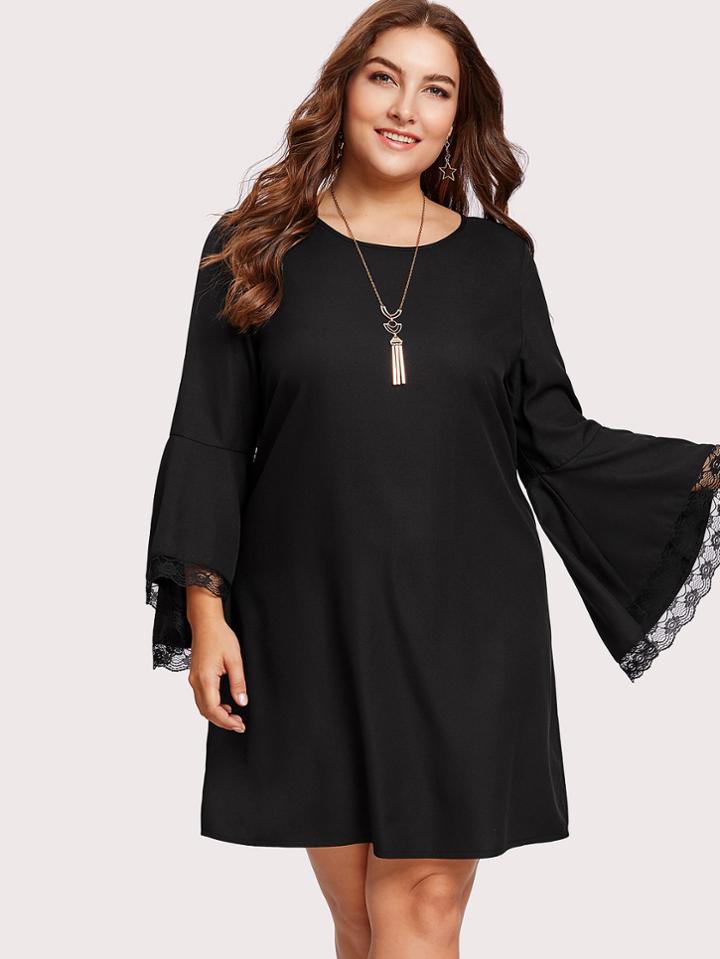 Romwe Lace Trim Trumpet Sleeve Dress