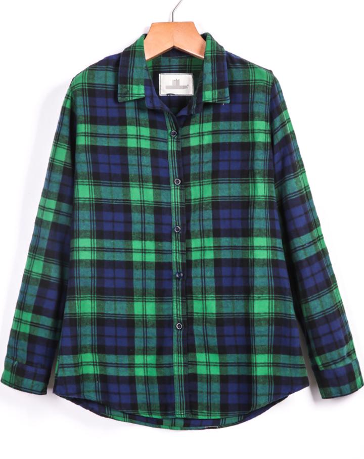 Romwe Plaid Pockets Green And Blue Blouse