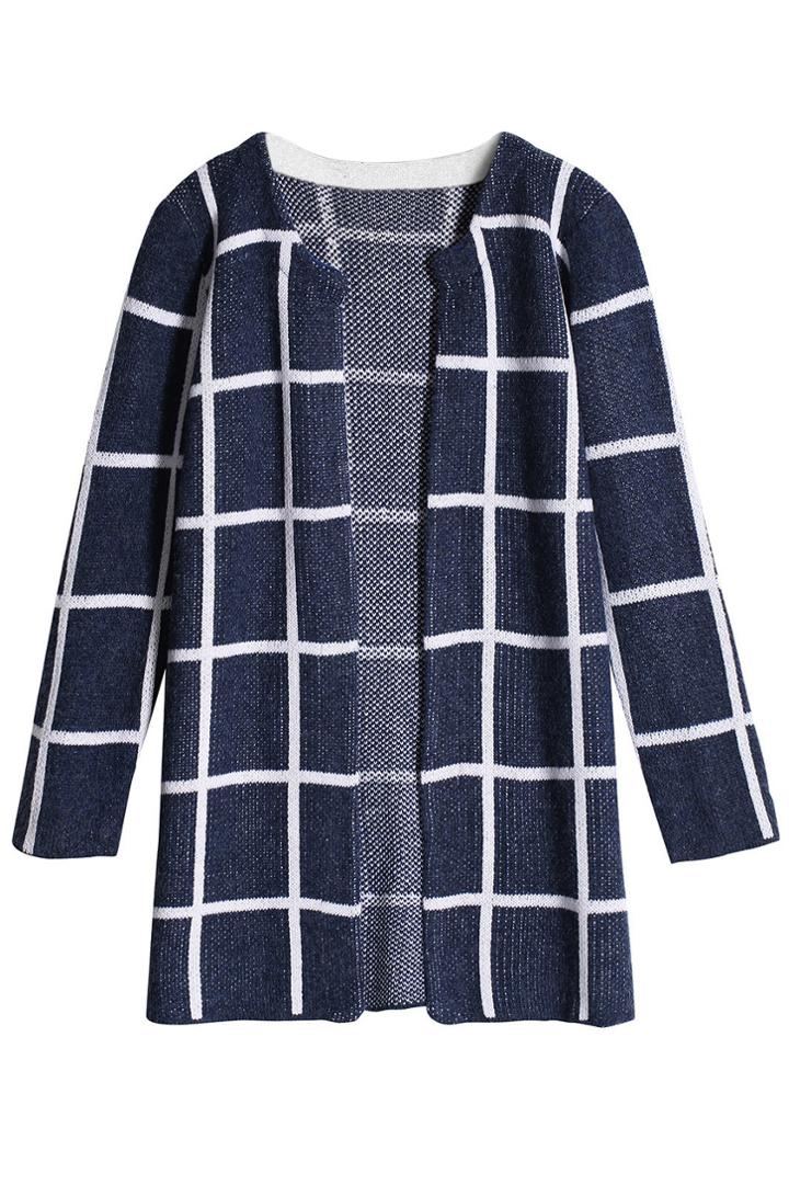 Romwe Romwe Open Front Navy-blue Check Cardigan