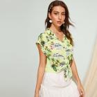 Romwe Tropical And Floral Print Tie Front Blouse
