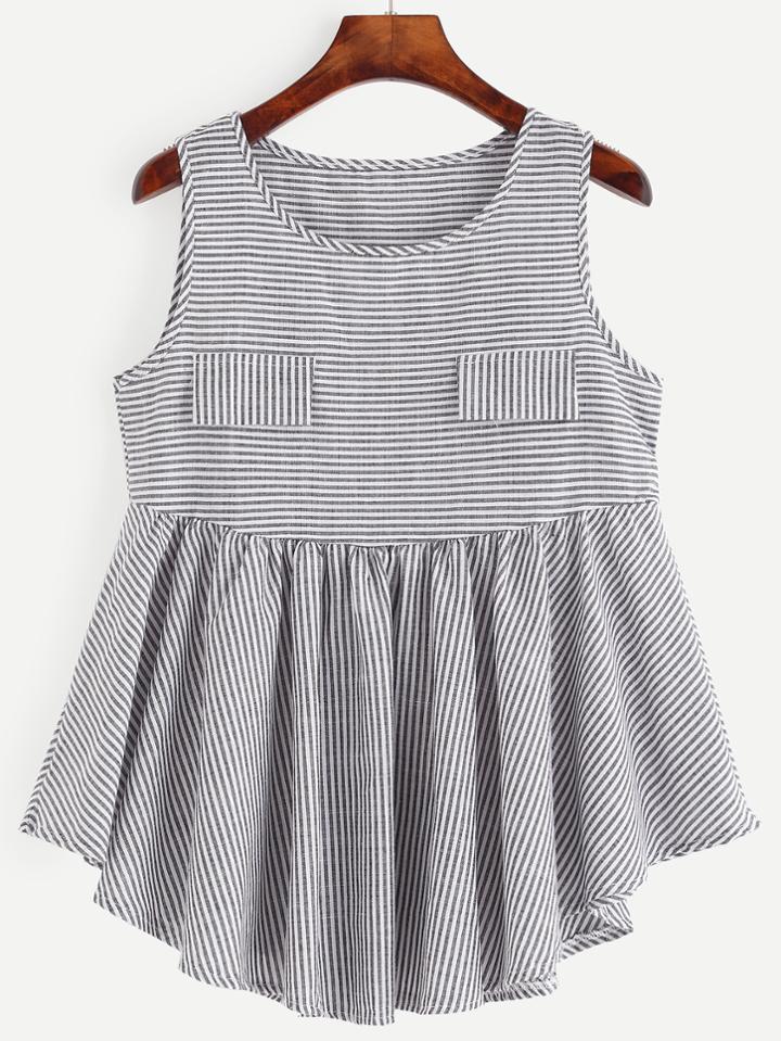 Romwe Black White Striped Ruffled Top With Faux Pocket