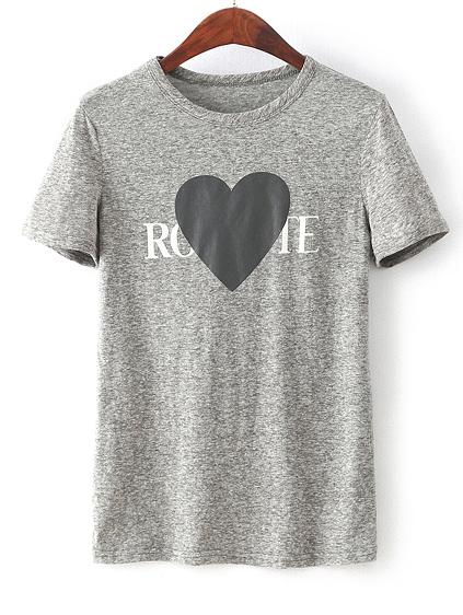 Romwe Heather Grey Heart Print T-shirt