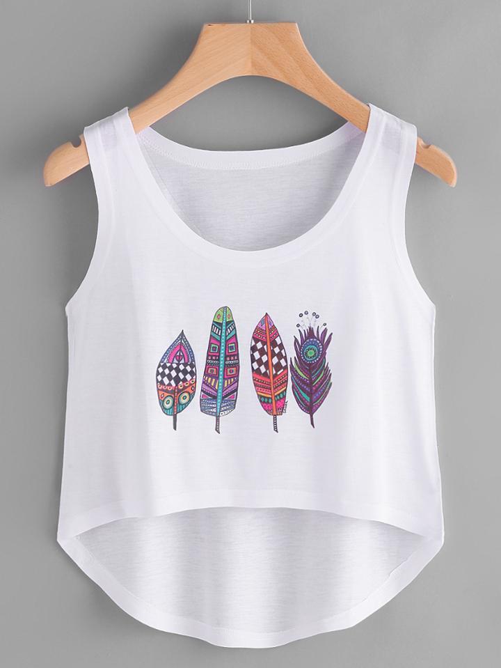 Romwe Feather Print Tee Dip Hem Tank Top