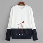Romwe Cut And Sew Cat Embroidered Sweatshirt