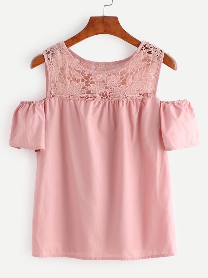 Romwe Pink Lace Splicing Hollow Out Top