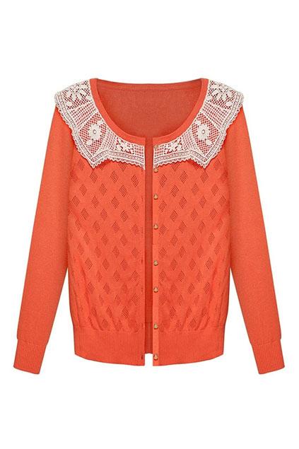 Romwe Lace Panel Orange Cardigan