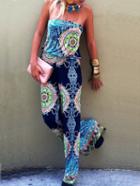 Romwe Blue Strapless Abstract Print Jumpsuit