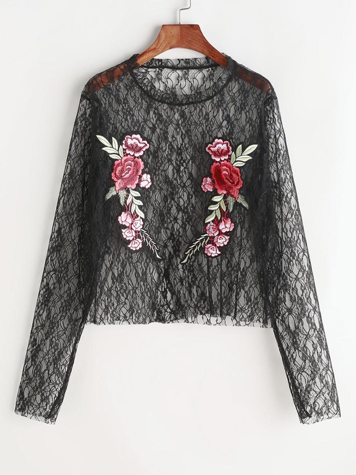 Romwe Embroidered Sheer Mesh Top