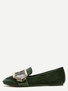 Romwe Army Green Velvet Square Toe Buckle Loafer Flats