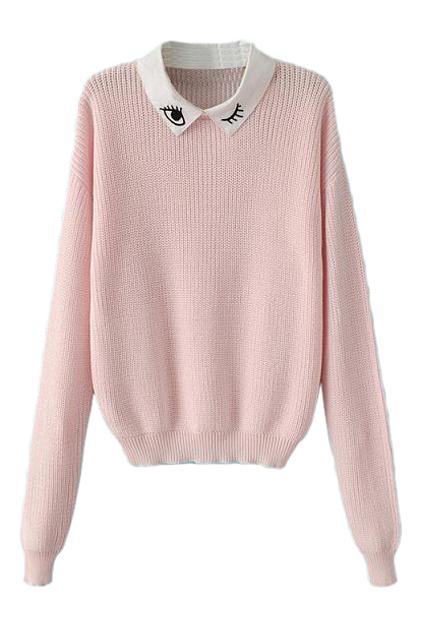 Romwe Eye Embroidered Pink Jumper