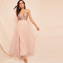 Romwe Sequin Bodice Crisscross Backless Mesh Dress