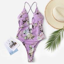 Romwe Random Floral Criss Cross Backless One Piece Swim