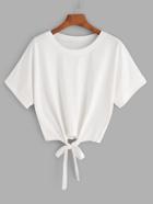 Romwe White Tie Front Crop T-shirt