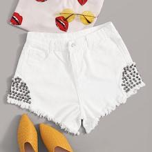 Romwe Button Waist Beaded Raw Hem Denim Shorts