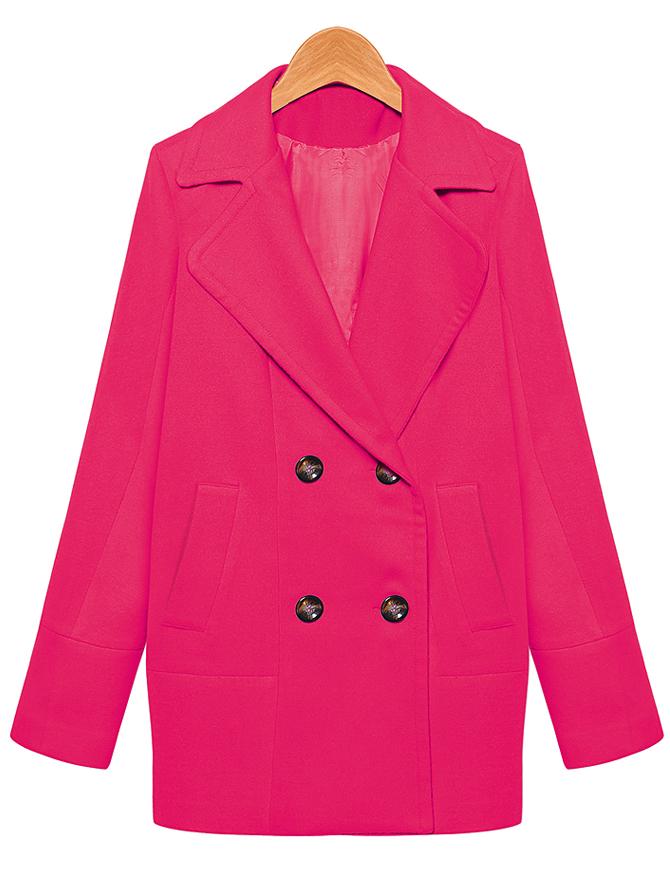 Romwe Lapel Loose Woolen Rose Red Coat