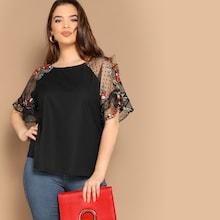 Romwe Plus Flower Embroidery Mesh Sleeve Blouse