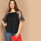 Romwe Plus Flower Embroidery Mesh Sleeve Blouse
