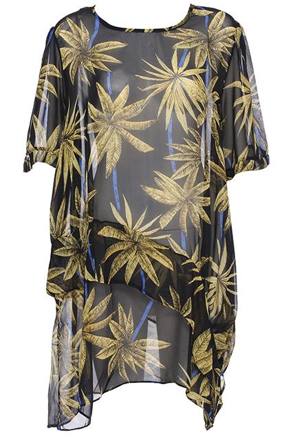 Romwe Leaves Print Layered Black Dress