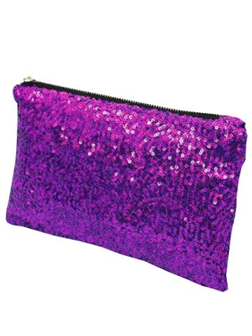 Romwe Purple Zipper Sequin Clutch Bag