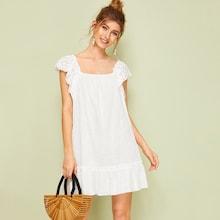 Romwe Eyelet Embroidery Square Neck Ruffle Hem Dress